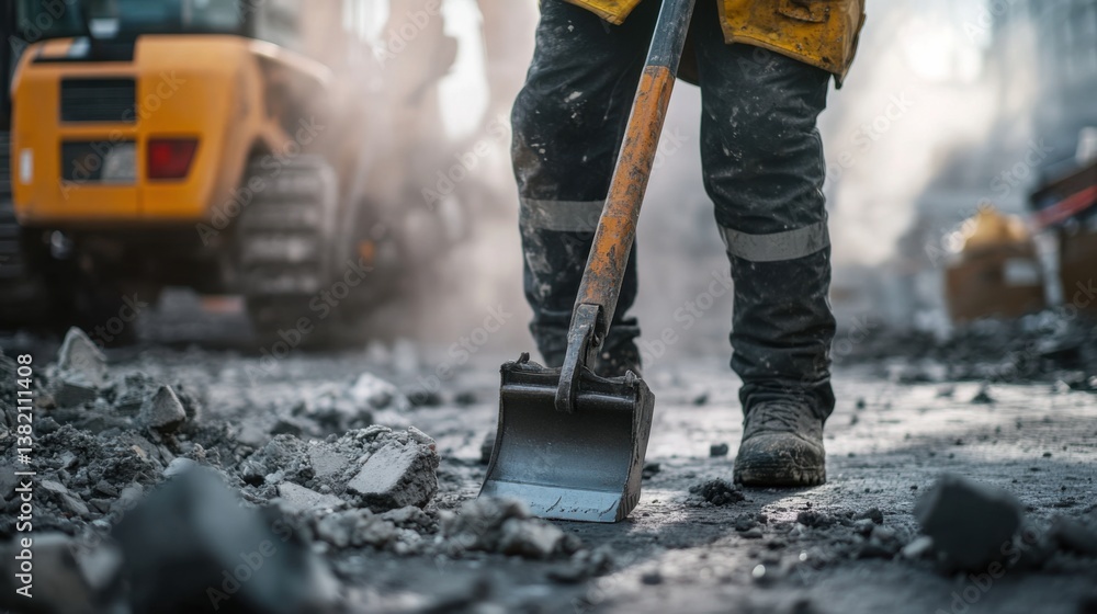 A construction worker using a jackhammer on pavement. Featuring energy and focus A construction worker using a jackhammer on pavement. Featuring energy and focus