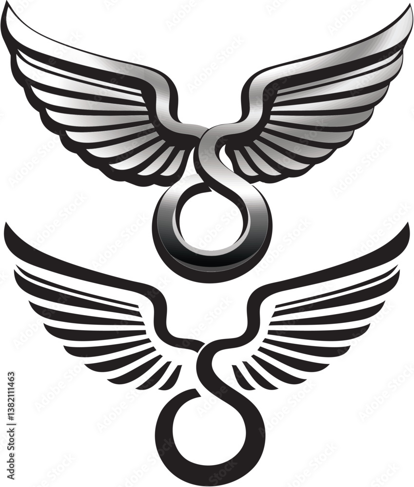 Obraz premium Winged S Logo Vector Set Metallic and Flat Silhouette Icon for Transport and Aviation Abstract Wings Symbol Logo