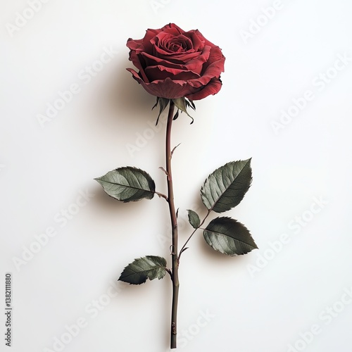 Single, deep red rose on stem