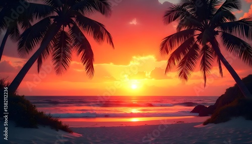 A breathtaking tropical sunset over the beach, with silhouettes of palm trees framing the scene, creating the perfect atmosphere for summer travel and vacation vibes