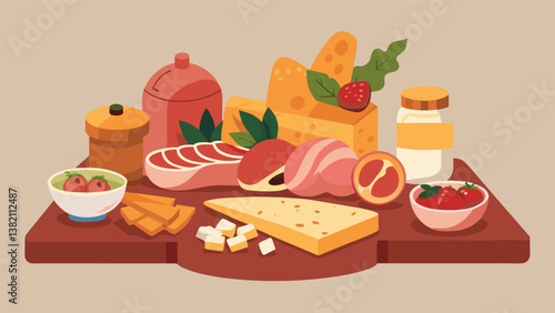 A beautiful display of charcuterie featuring cured meat from nearby farms paired with pickled vegetables fruit spreads and rustic bread.. Vector illustration