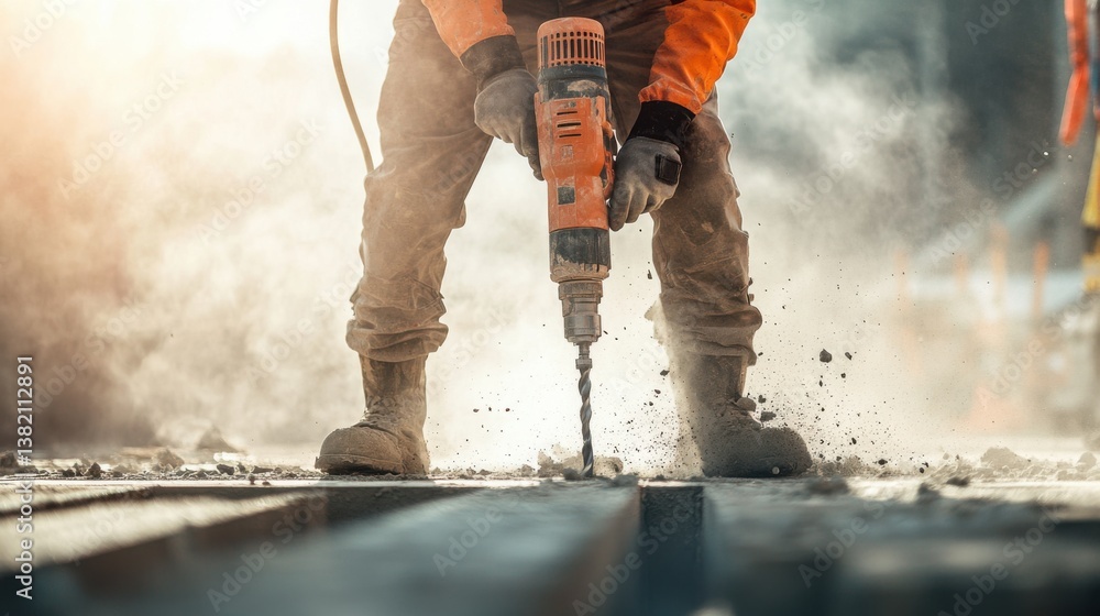 A construction worker using a pneumatic drill to break concrete at a construction site. Featuring power and skill A construction worker using a pneumatic drill to break concrete at a construction site. Featuring power and skill