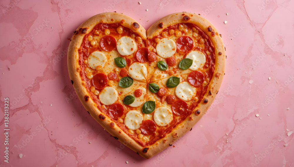Delicious Pizza in the Shape of a Heart on a Textured Pink Surface. Delicious Valentine’s Day Concept Delicious Pizza in the Shape of a Heart on a Textured Pink Surface. Delicious Valentine’s Day Concept