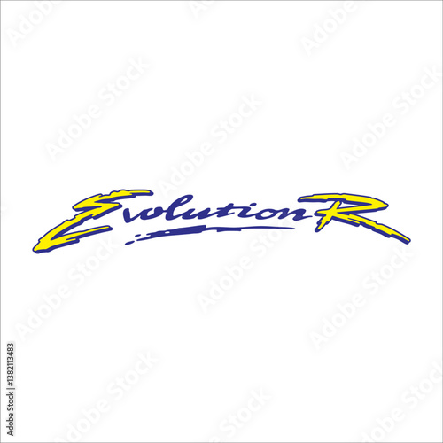 The evolution R lettering is blue and yellow on a white background 