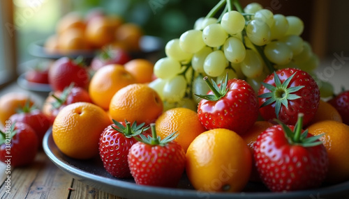 Vibrant Fresh Fruit Medley in Dark Bowl with Strawberries, Mandarins and Grapes for Healthy Living