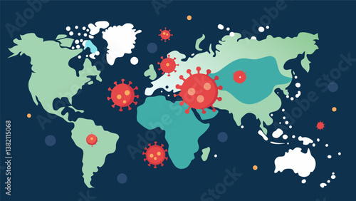 A map visualization with pulsing dots indicating the spread of a pandemic with a color gradient representing the severity of the outbreak in each location.. Vector illustration