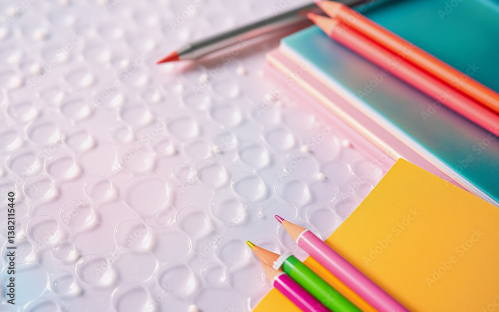 Fototapeta premium Close-up top view of colorful stationery items arranged on a textured light surface. Pencils, pen, and notebooks are neatly placed, creating a bright and organized scene.