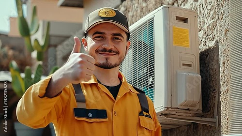 Satisfied technician giving thumbs up after installing new air conditioning unit