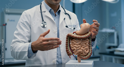 Doctor presenting anatomical digestive system model in operating room.