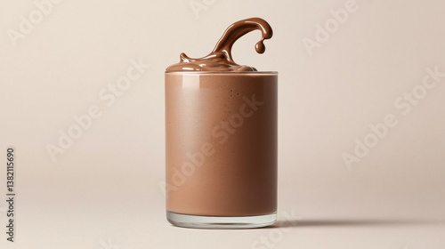 Rich chocolate milkshake in a tall glass with a splash of creamy chocolate topping against a neutral background.