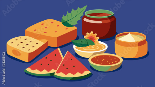 A selection of artisanal crackers paired with an assortment of gourmet spreads such as fig jam and roasted red pepper hummus.. Vector illustration