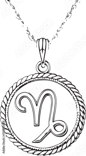 Zodiac Pendant Necklace Black and White Vector Illustration, Sketch Drawing Line Linear Engraving, Hand-drawn Isolated