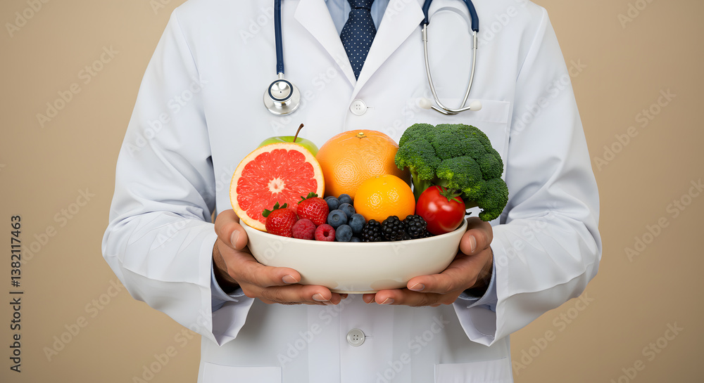 Healthcare professional holding bowl of fresh fruit and vegetables for healthy lifestyle. Healthcare professional holding bowl of fresh fruit and vegetables for healthy lifestyle.