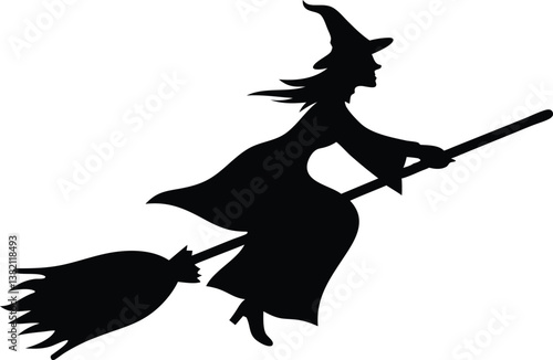 witch flying on a broomstick line art silhouette vector, Halloween clip art vector 