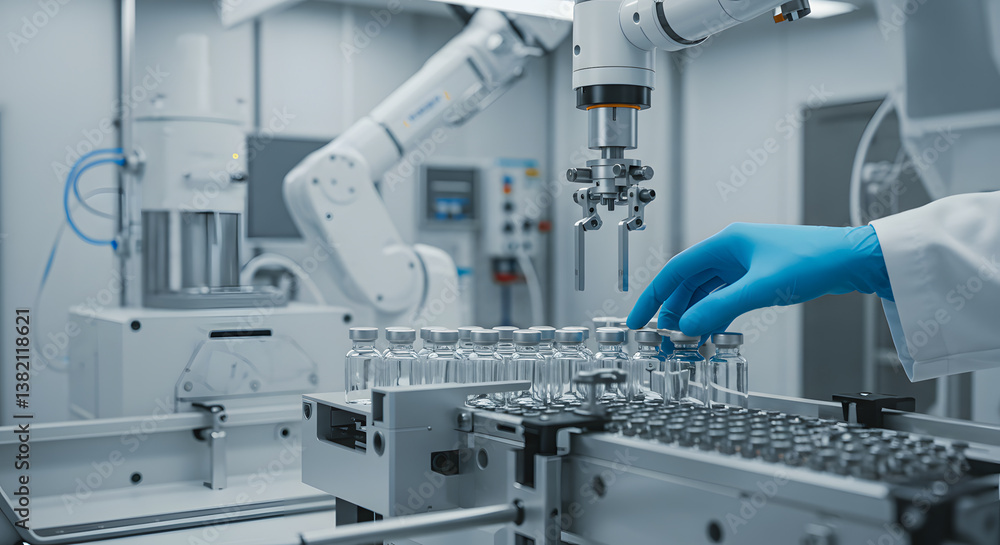 Automated precision: Robotic arm and gloved hand in pharmaceutical vial production. Automated precision: Robotic arm and gloved hand in pharmaceutical vial production.