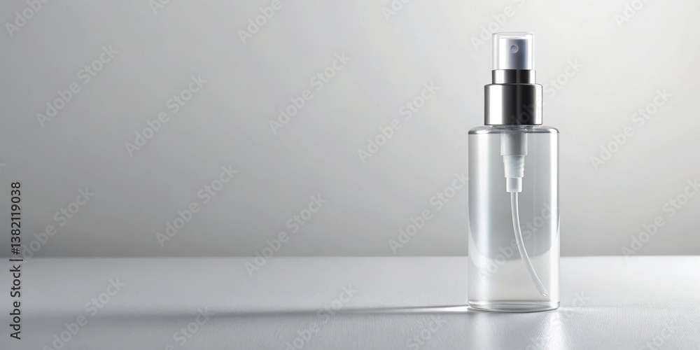 A Clear Cylindrical Spray Bottle with a Silver Top on a White Surface A Clear Cylindrical Spray Bottle with a Silver Top on a White Surface