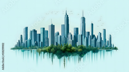 Wallpaper Mural Cityscape Skyline: a modern skyline showcasing iconic architecture and lush greenery, blending urban sophistication with nature's serenity. Torontodigital.ca