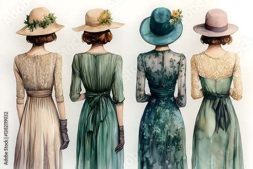 Wallpaper Mural Elegant Ensemble: A group of four women, viewed from the back, display the elegant attire, from flowing dresses to adorned hats, evoking a sense of vintage charm and timeless sophistication.  Torontodigital.ca