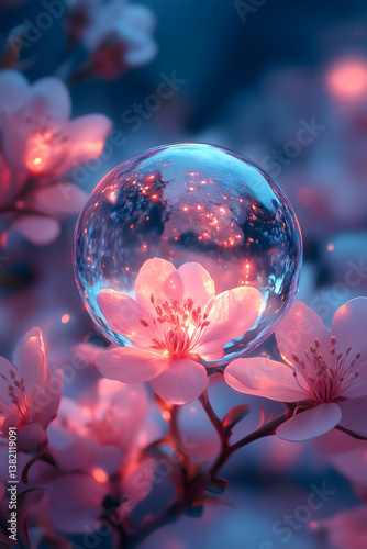 Wallpaper Mural Floral Orb: A stunning composition, capturing the delicate beauty of cherry blossom encased within a shimmering glass orb, reflecting a soft, dreamlike glow and creating an ethereal, enchanting scene. Torontodigital.ca