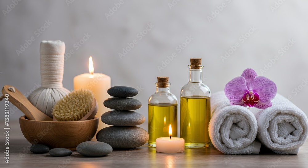 Serene Spa Still Life with Natural Brushes, Stones, and Aromatherapy Oils Serene Spa Still Life with Natural Brushes, Stones, and Aromatherapy Oils