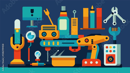 A cluttered workbench filled with tools and materials for constructing a robotic hand project.. Vector illustration