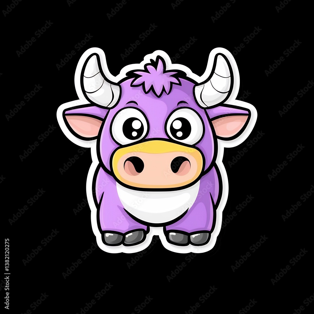 Fototapeta premium Cute cartoon purple cow with big eyes and horns.