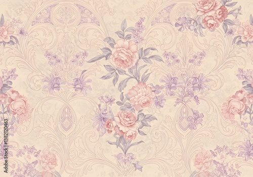 Wallpaper Mural Delicate Floral Pattern, Romantic Roses and Lilacs Design, Vintage Wallpaper Texture, Pastel Colors, Ornamental Background. Torontodigital.ca