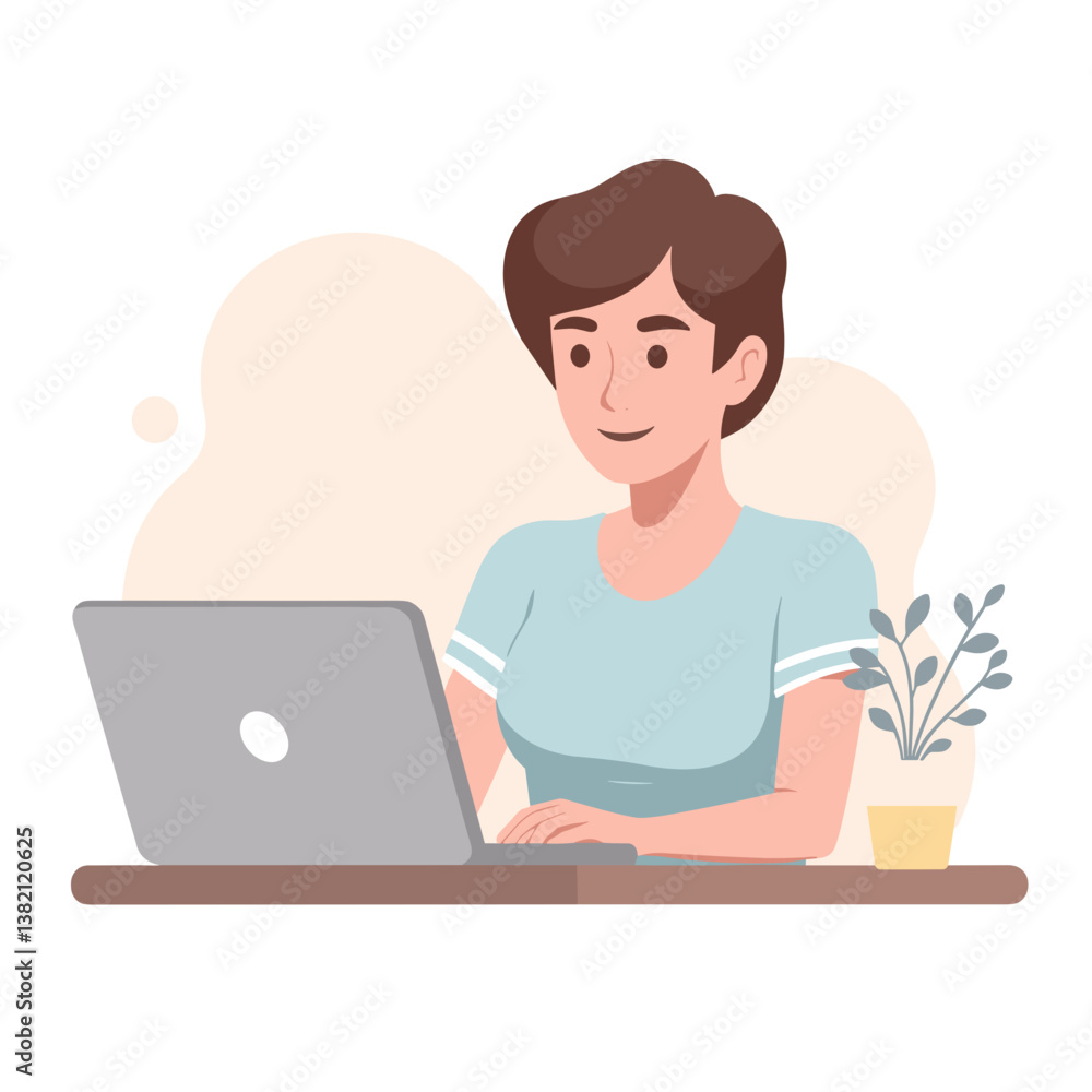 Young woman smiling while working on a laptop with a plant background Young woman smiling while working on a laptop with a plant background