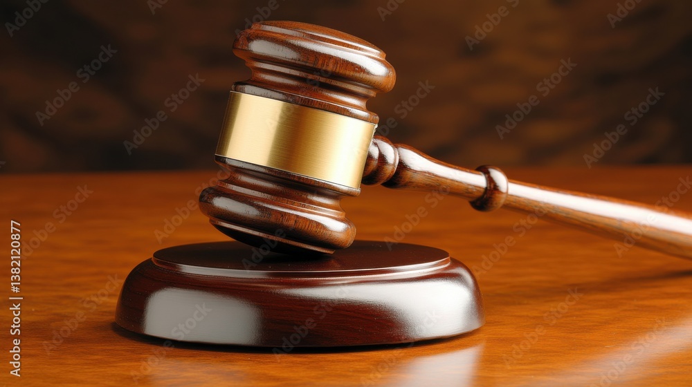 Wooden Gavel on a Court Table with Subtle Lighting Wooden Gavel on a Court Table with Subtle Lighting