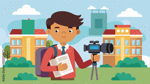 A dedicated student journalist staying after school to cover a school event determined to capture all the important moments for the school newspaper.. Vector illustration