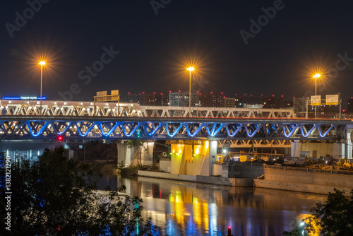 Photography The scyscrapers of the Moscow City at night and the Dorogomilovsky bridge with illumination