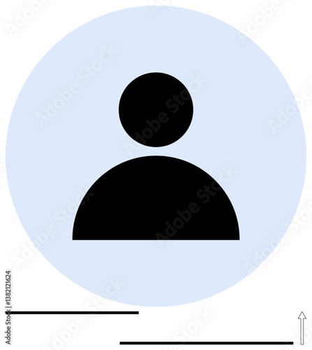 Black person icon in blue circle, horizontal lines below, upward arrow on side. Ideal for user interface, account creation, login, identity, personal data progress direction. Flat simple metaphor