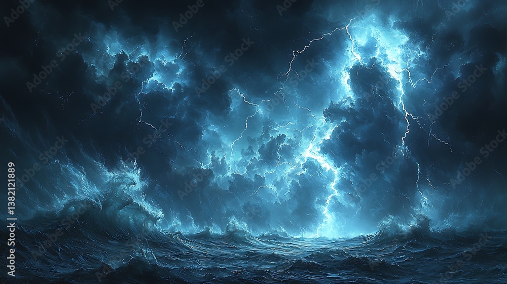 Stormy Sky and Turbulent Sea: Capturing the raw power and drama of a violent storm over a tumultuous ocean, lightning illuminates the dark clouds and churning waves. Stormy Sky and Turbulent Sea: Capturing the raw power and drama of a violent storm over a tumultuous ocean, lightning illuminates the dark clouds and churning waves.