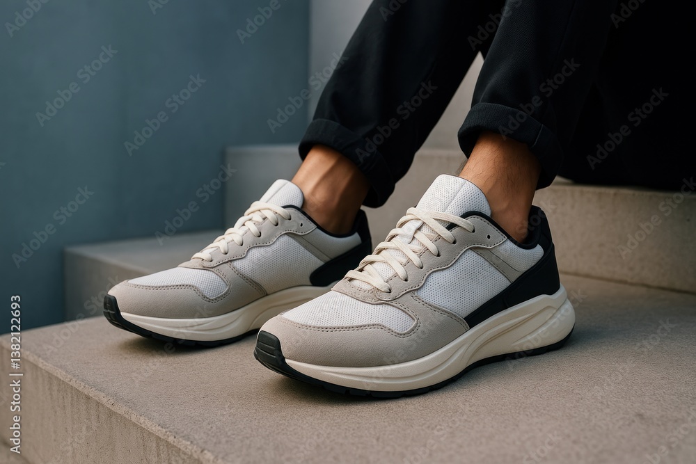 Stylish sneakers on concrete steps. Stylish sneakers on concrete steps.