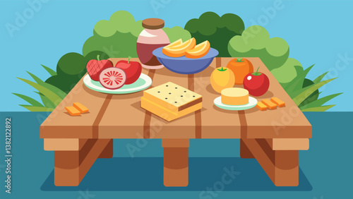 A rustic wooden picnic table set with a colorful variety of fresh fruits crackers and cheese ideal for a casual afternoon snack.. Vector illustration
