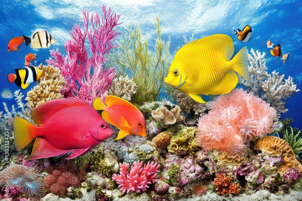 Obraz premium Colorful tropical fish swimming among coral reefs