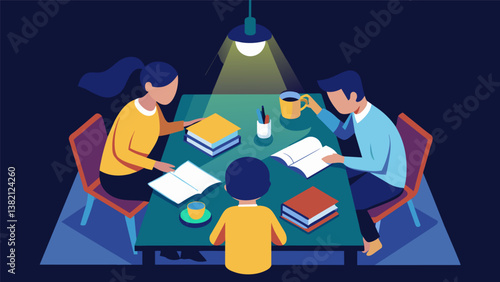 A birdseye view of a dining table covered in textbooks and colorful paper with a family working on them under the dim light of a lamp.. Vector illustration