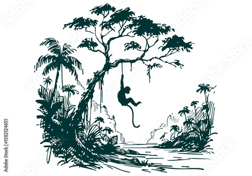 Rain forest scenery Hand Drawn Illustration Sketch Vector Isolated
