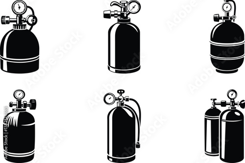 Gas cylinder silhouette vector art, Black color gas cylinder isolated line art vector illustration set