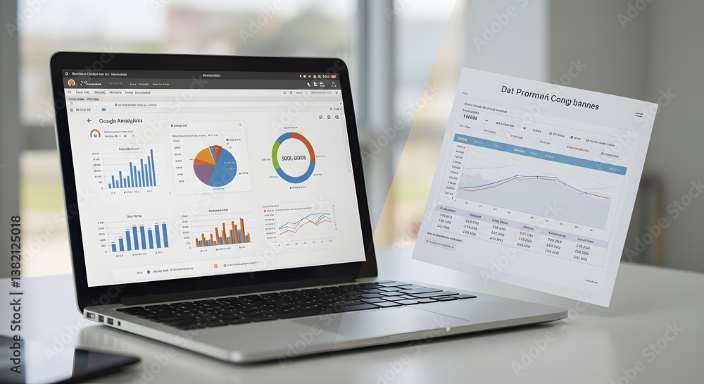 Split-screen showing Google Analytics and KPI spreadsheet. Split-screen showing Google Analytics and KPI spreadsheet.