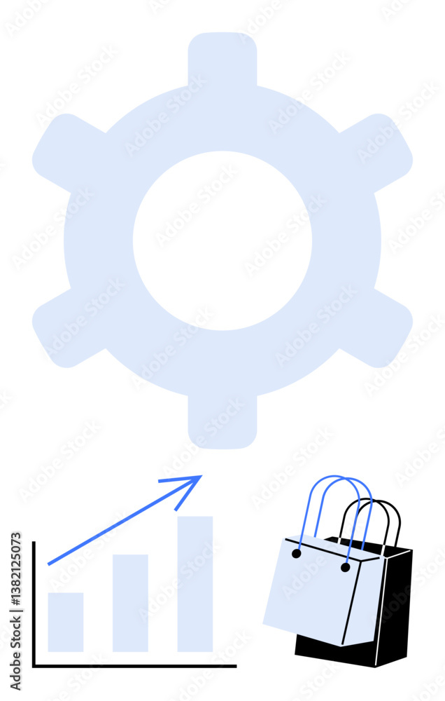 Large gear symbolizing system or process, upward graph indicating growth, and shopping bags denoting commerce. Ideal for business, marketing, retail, analytics, strategy, process management Large gear symbolizing system or process, upward graph indicating growth, and shopping bags denoting commerce. Ideal for business, marketing, retail, analytics, strategy, process management
