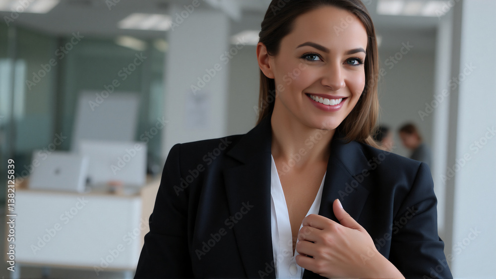 Obraz premium Confident businesswoman smiles in a dark suit in a bright office. She looks professional and approachable in a blurred office setting.