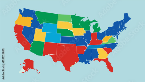 A map of a fictional country colorcoded to display the predicted electoral votes for each region based on historical voting patterns.. Vector illustration