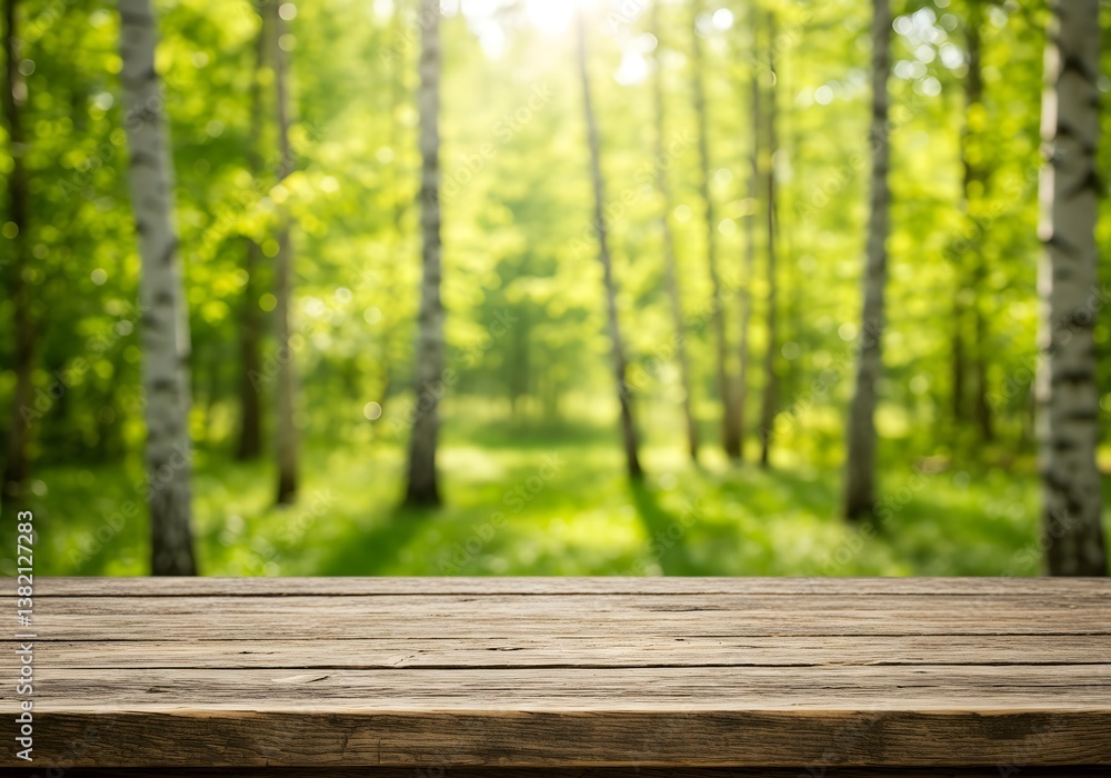 Rustic Wooden Table with Lush Green Forest Background - Natural Scenery, Springtime Theme. Rustic Wooden Table with Lush Green Forest Background - Natural Scenery, Springtime Theme.