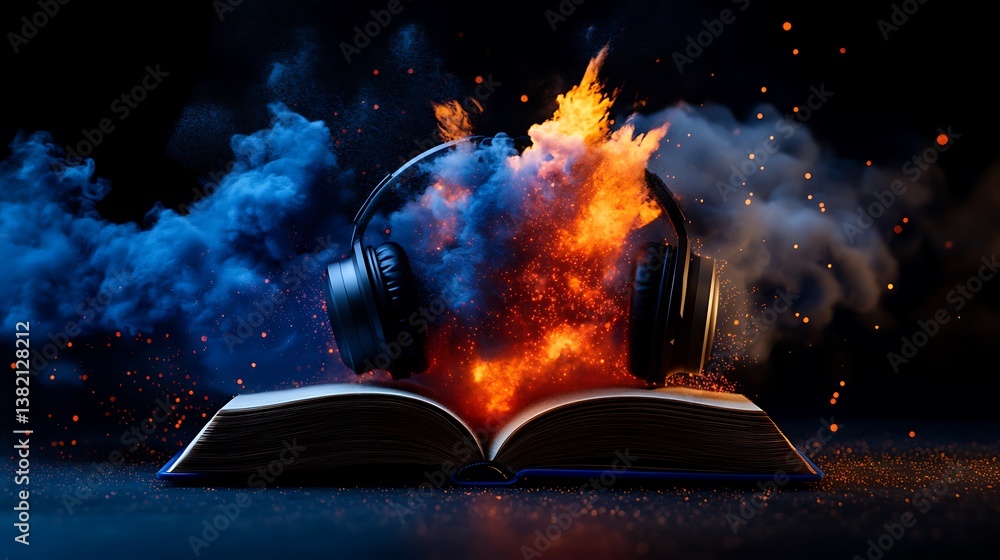 Obraz premium Fiery Book Headphones Audiobook Passion.