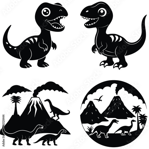 Funny cartoon monsters and dinosaurs collection in silhouette vector style