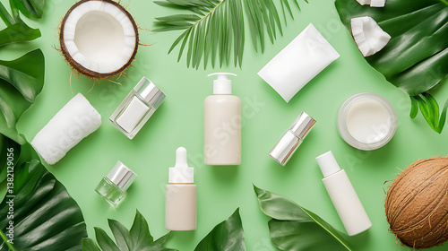 Natural skincare products on green background beauty arrangement aesthetic layout tropical vibe flat lay perspective