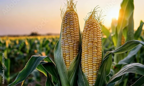 Golden corn on field with vibrant sunset backdrop, lush green leaves framing the sweet harvest under warm light