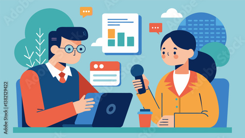 A journalist interviews a community member about their experience with poverty taking meticulous notes and referencing data on income inequality to add depth to their story.. Vector illustration