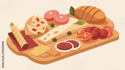 A charcuterie board boasting an assortment of cured meats artisanal cheeses and toasted baguette slices.. Vector illustration